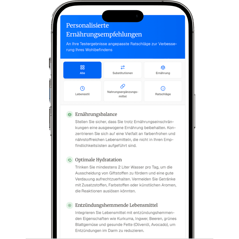 Beispiel für personalisierte Empfehlungen für Nahrungsmittelunverträglichkeiten